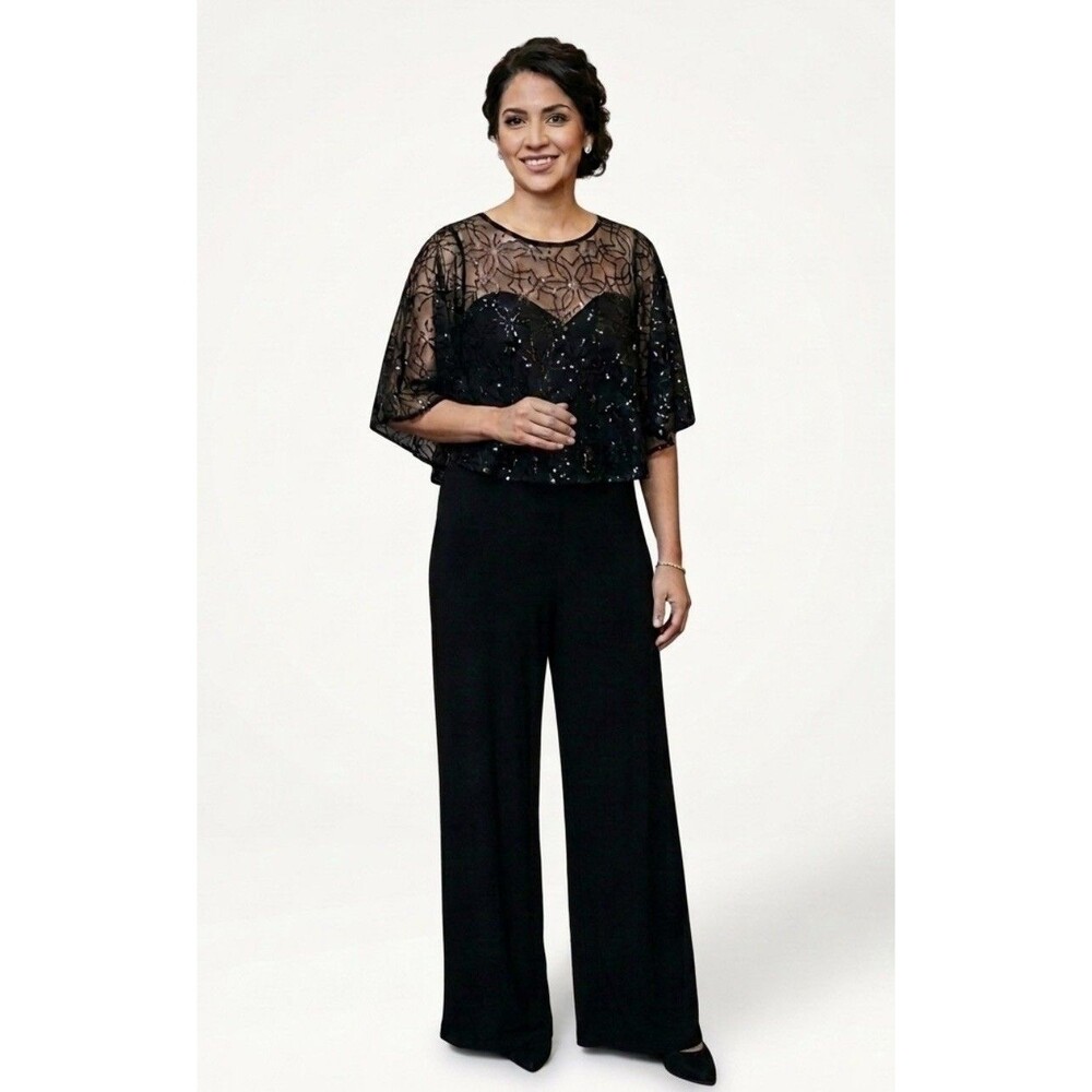 Connected Apparel Women's Black Overlay Jumpsuit Size 6 Cape Sequins Stretch